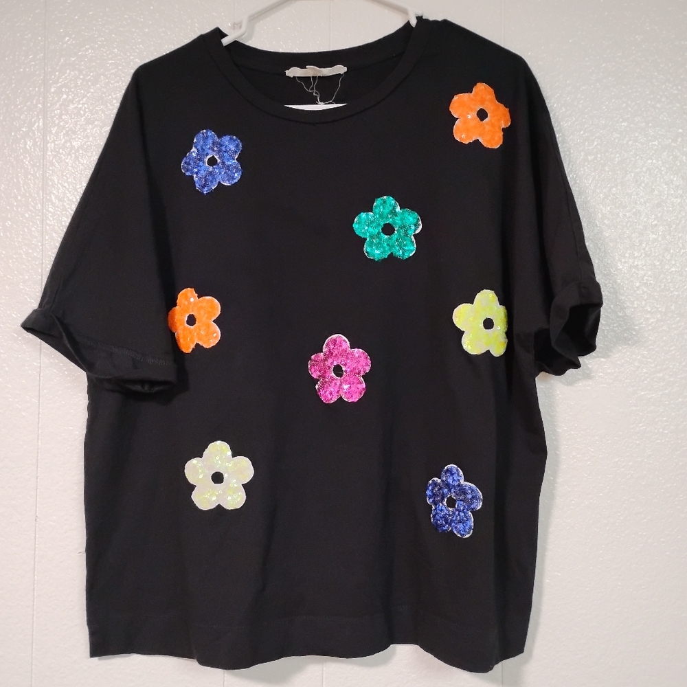 womens black short sleeve sequin flower tee Vince & Love large y2k Dopamine